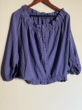 Anthropologie Lavender Plaid Ruffle-Neck Button Front Blouse